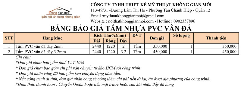 Bảng báo giá tấm nhựa pvc vân đá tại Bình Dương