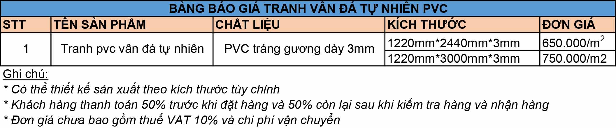 Bảng báo giá tranh vân đá tự nhiên PVC Bảng báo giá tranh vân đá tự nhiên PVC