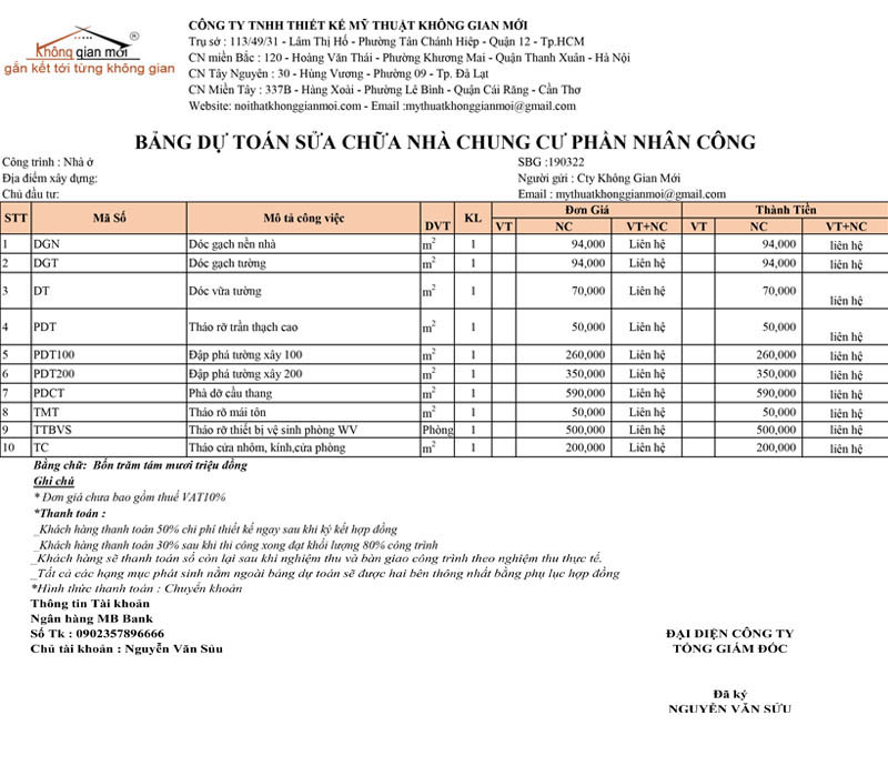 Bảng báo giá sửa chữa nhà chung cư ở Hà Nội năm 2022