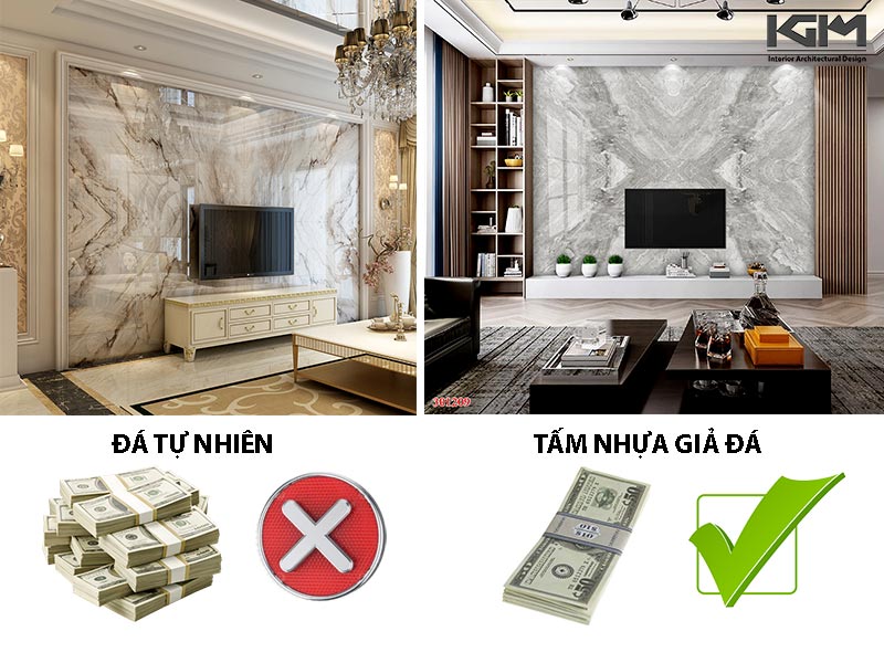 chi phí thi công giữa đá tự nhiên và tấm giả đá