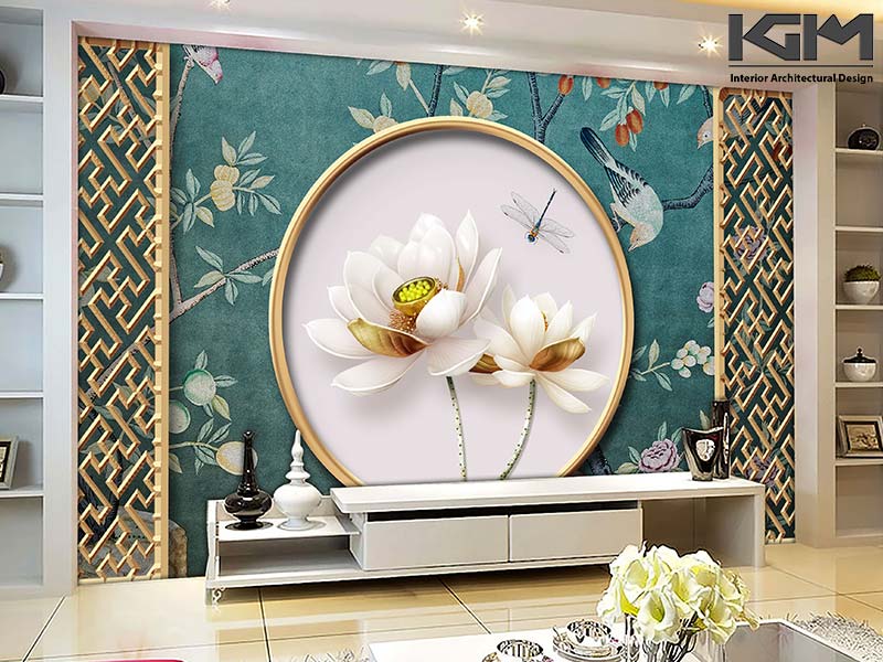 Tranh dán tường 5d hoa sen trăng cho phòng khách ấn tượng