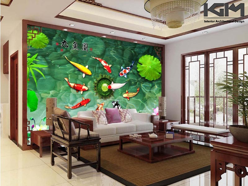 Tranh dán tường 5d phòng khách cá chép