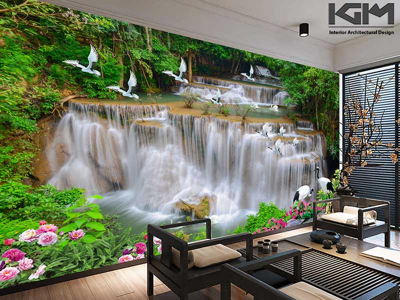 Tranh thác nước dán tường phòng khách