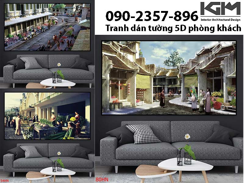 Tranh dán tường phòng khách 5d chủ đề Hà Nội xưa
