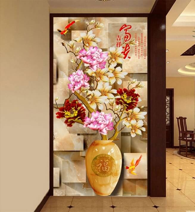 Khu vực cầu thang hay sảnh chờ là nơi lý tưởng để đặt tranh 3D bình hoa