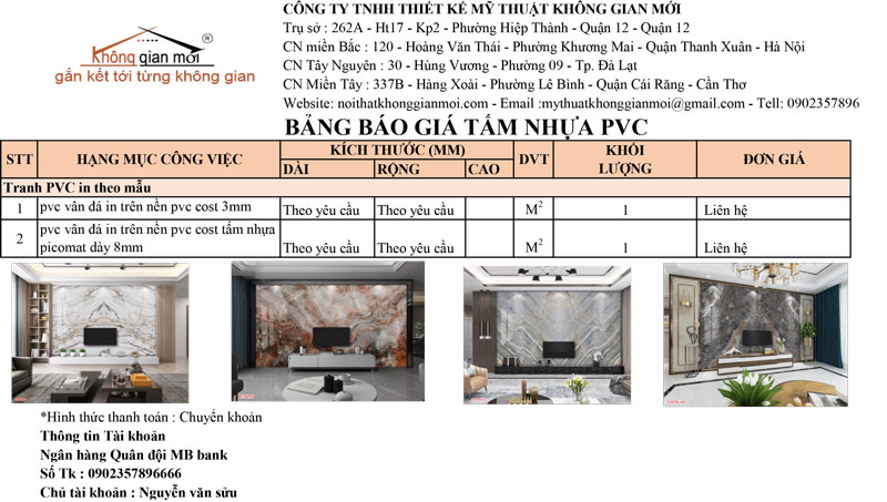 Bảng báo giá in tấm pvc vân đá cao cấp ( in theo kích thước yêu cầu)