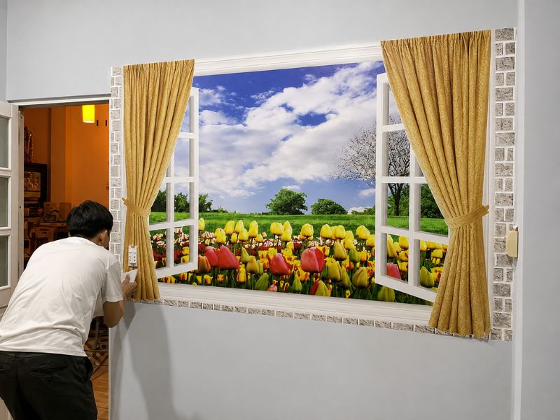 Báo giá tranh dán tường 3D cửa sổ