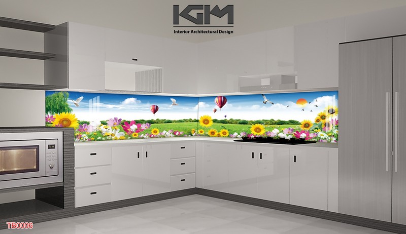 Mẫu tranh dán tường bếp hiện đại với hoa lá, họa tiết